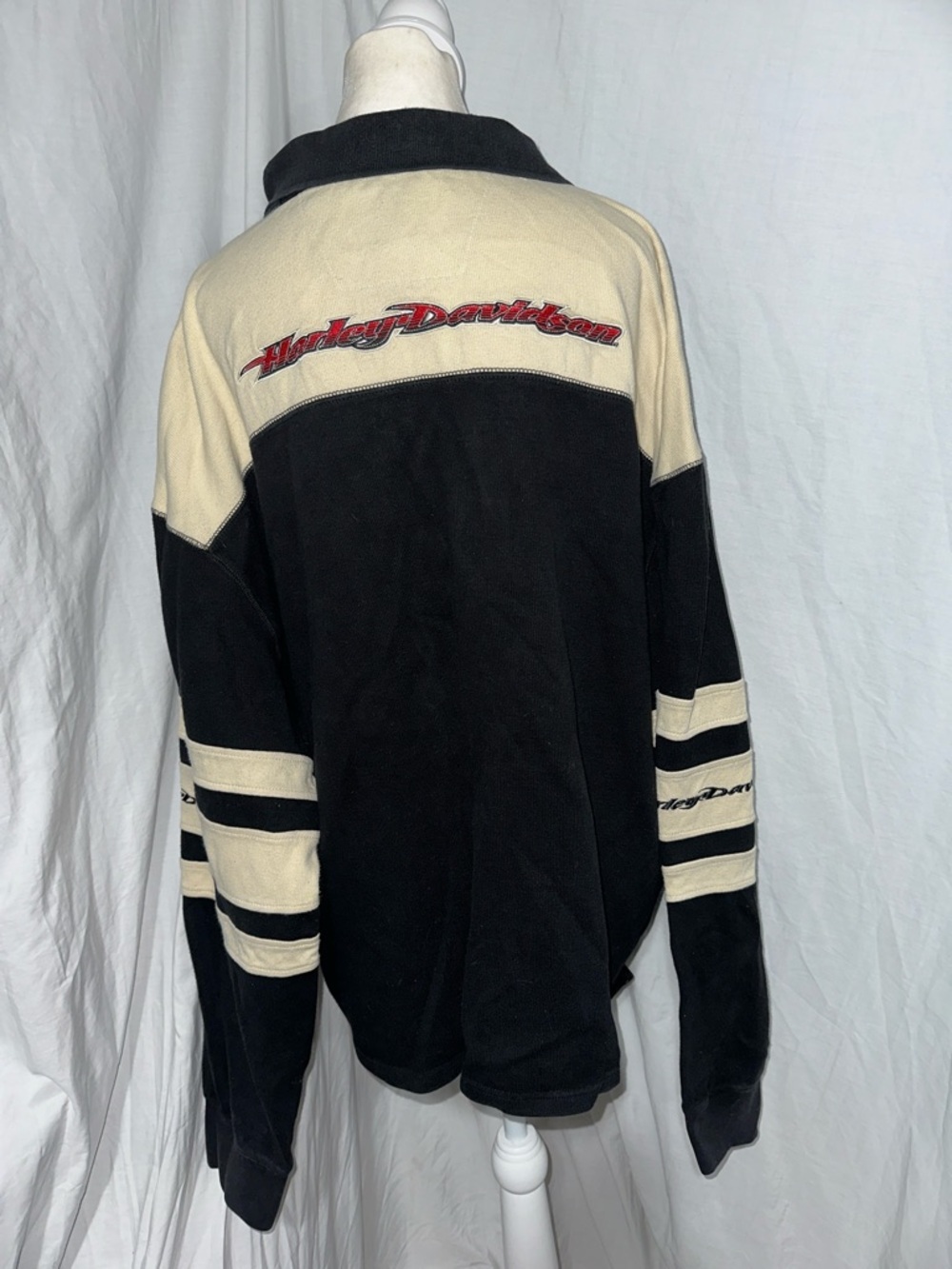 Vintage Black and Cream Long Sleeve Harley Davidson Men's Polo Shirt size 2xl - Picture 2 of 7